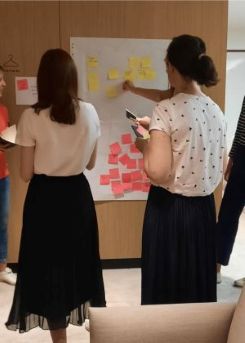 Des collaborateurs brainstorment devant un tableau de post-its