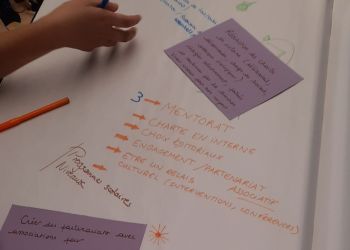 La main d'un participant à un séminaire et un paper board avec un post-it et une liste d'actions